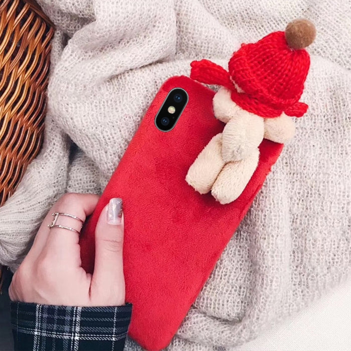 For iPhone X / XS Lovely 3D Papa Scarf Bear Doll Plush Protective Back Cover Case