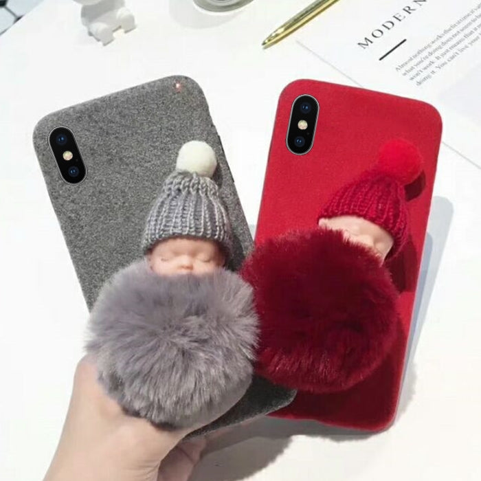 For iPhone X / XS Winter Sleeping Baby Plush Full Coverage Protective Back Cover Case