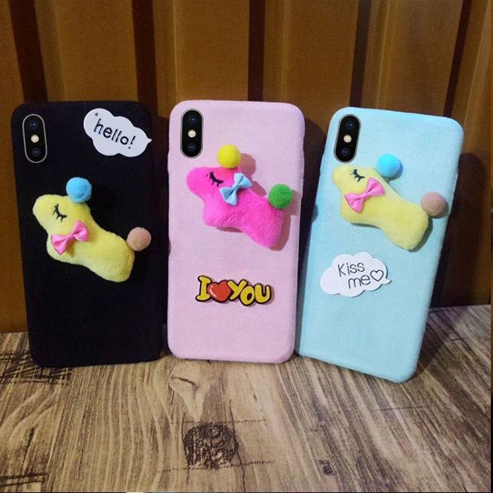 For iPhone X / XS Lovely Cartoon Plush Dog Doll Protective Back Cover Case (Black)