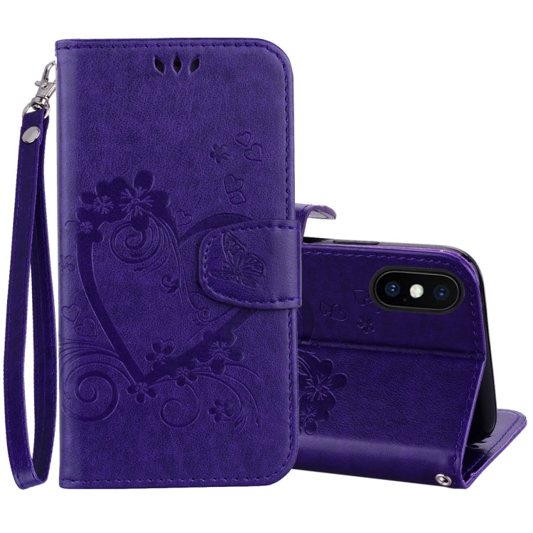 For iPhone X / XS Embossed Heart Butterfly Pattern Horizontal Flip Leather Case with Card Slot & Holder & Wallet & Lanyard