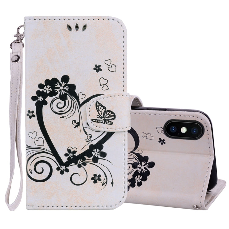 For iPhone X / XS Embossed Heart Butterfly Pattern Horizontal Flip Leather Case with Card Slot & Holder & Wallet & Lanyard