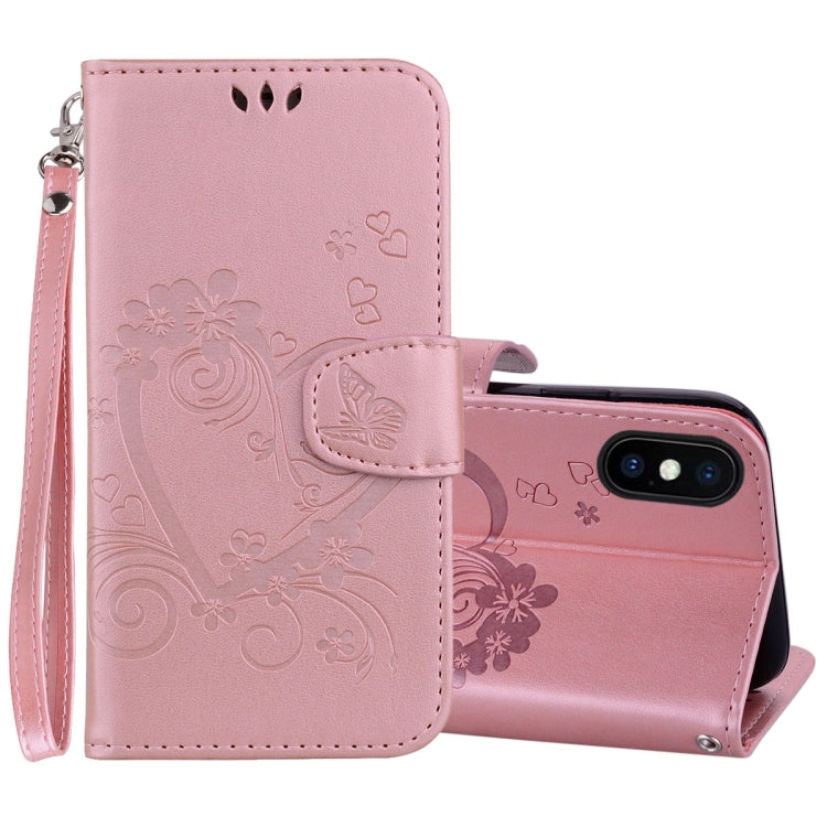 For iPhone X / XS Embossed Heart Butterfly Pattern Horizontal Flip Leather Case with Card Slot & Holder & Wallet & Lanyard