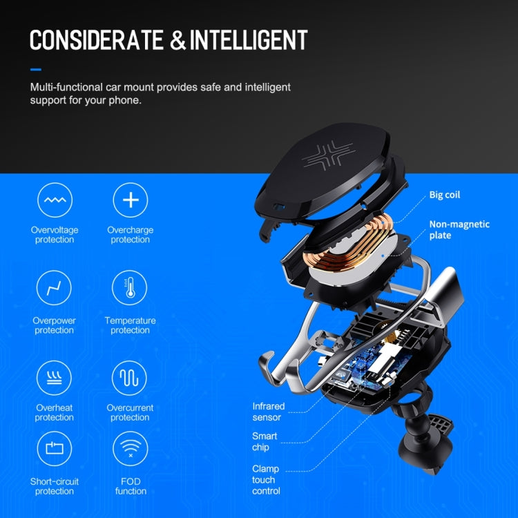 ROCK Infrared Sensing Auto Lock Qi Standard Wireless Charging Air Vent Car Mount, For iPhone, Galaxy, Sony, Lenovo, HTC, Huawei and other 4.7-6.3 inch Smartphones(Silver)