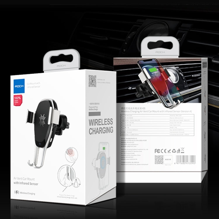 ROCK Infrared Sensing Auto Lock Qi Standard Wireless Charging Air Vent Car Mount, For iPhone, Galaxy, Sony, Lenovo, HTC, Huawei and other 4.7-6.3 inch Smartphones(Silver)