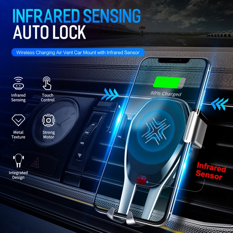 ROCK Infrared Sensing Auto Lock Qi Standard Wireless Charging Air Vent Car Mount, For iPhone, Galaxy, Sony, Lenovo, HTC, Huawei and other 4.7-6.3 inch Smartphones(Silver)