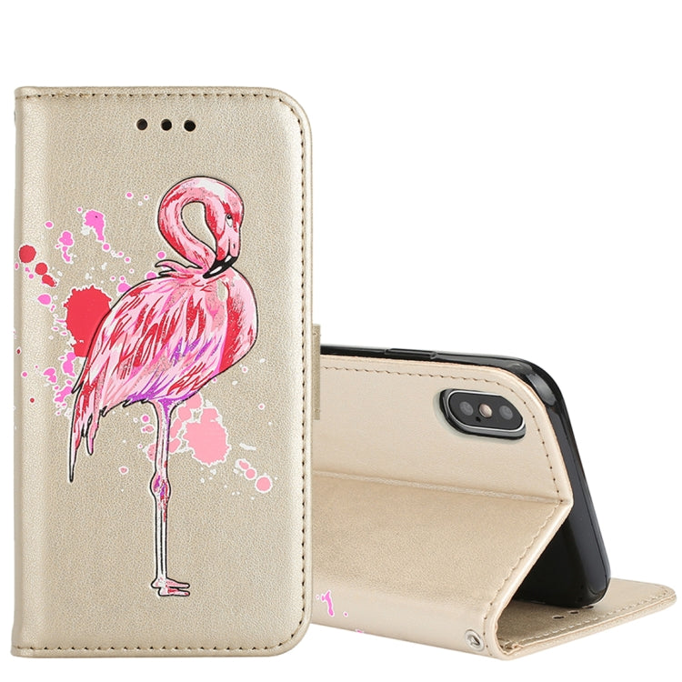 For iPhone X / XS Glittery Powder Flamingo Print Horizontal Flip Leather Case with Holder & Wallet & Card Slots & Photo Frame
