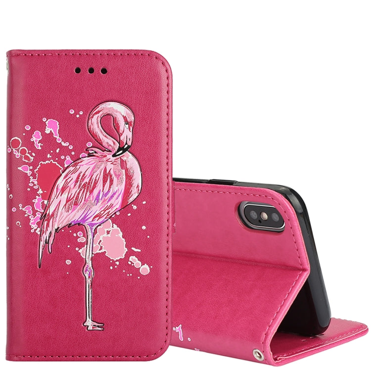 For iPhone X / XS Glittery Powder Flamingo Print Horizontal Flip Leather Case with Holder & Wallet & Card Slots & Photo Frame