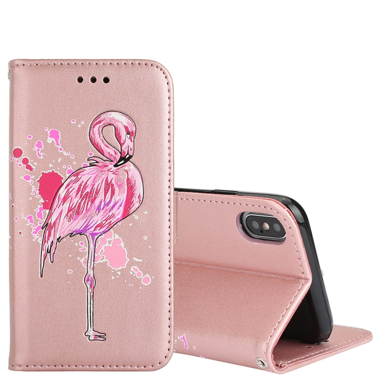 For iPhone X / XS Glittery Powder Flamingo Print Horizontal Flip Leather Case with Holder & Wallet & Card Slots & Photo Frame