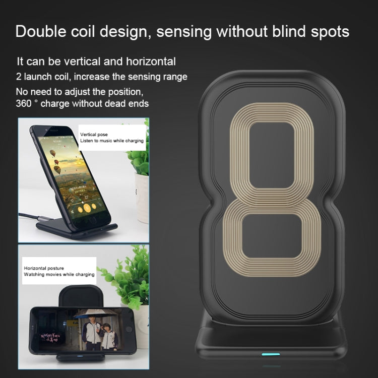 HAMTOD 8 Shape Design Dual Coil Design Qi Standard Holder Wireless Charger with Indicator Light, Support Fast Charging, For iPhone, Galaxy, Huawei, Xiaomi, LG, HTC and Other QI Standard Smart Phones (Black)