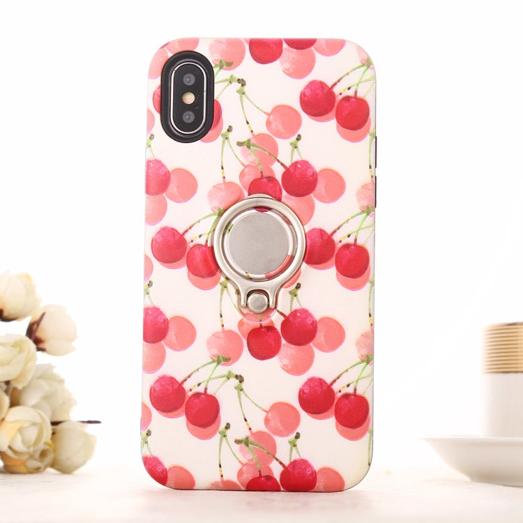 For iPhone XS / X Cherry Print TPU + PC Protective Back Case with Ring Holder