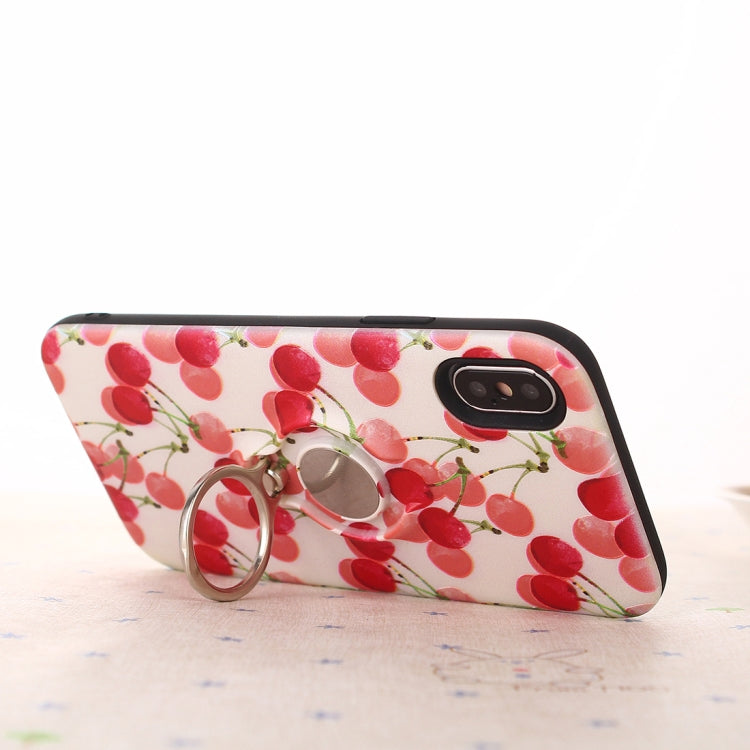 For iPhone XS / X Cherry Print TPU + PC Protective Back Case with Ring Holder