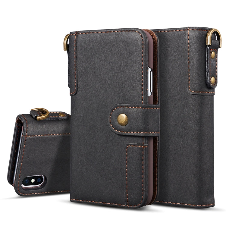 For iPhone X / XS Retro Cowhide Texture Horizontal Flip Case with Card Slots & Wallet & Holder & Lanyard & Hand Strap