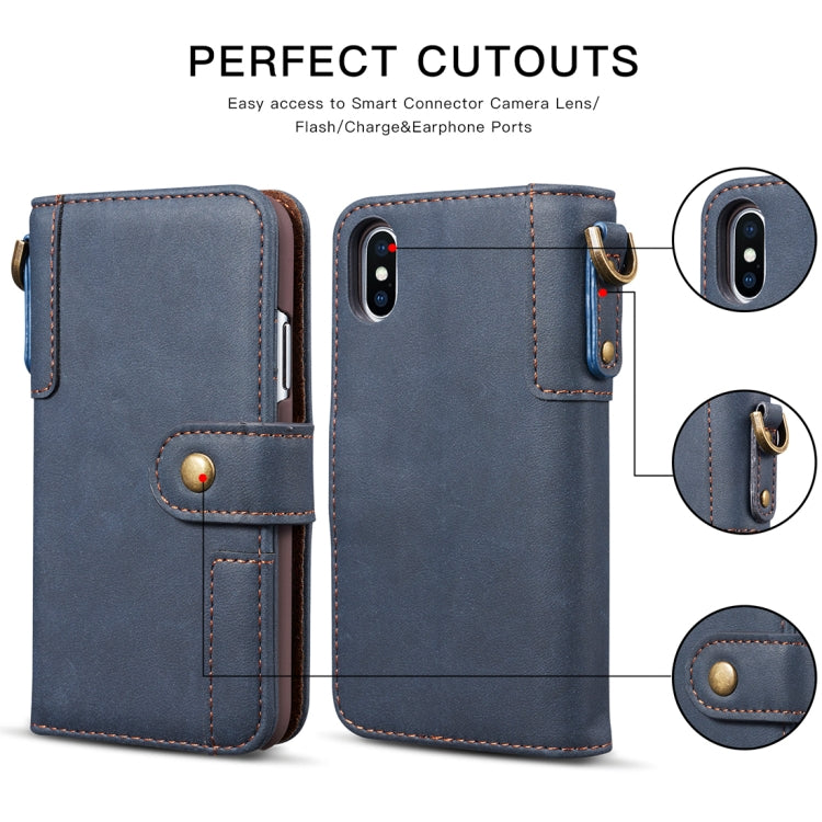 For iPhone X / XS Retro Cowhide Texture Horizontal Flip Case with Card Slots & Wallet & Holder & Lanyard & Hand Strap
