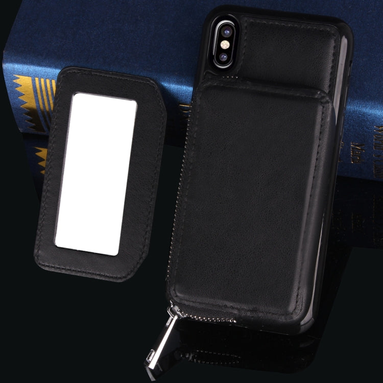 For iPhone X / XS  Retro Business Style PU + TPU Protective Back Cover Case with Mirror & Card Slots & Zipper Wallet