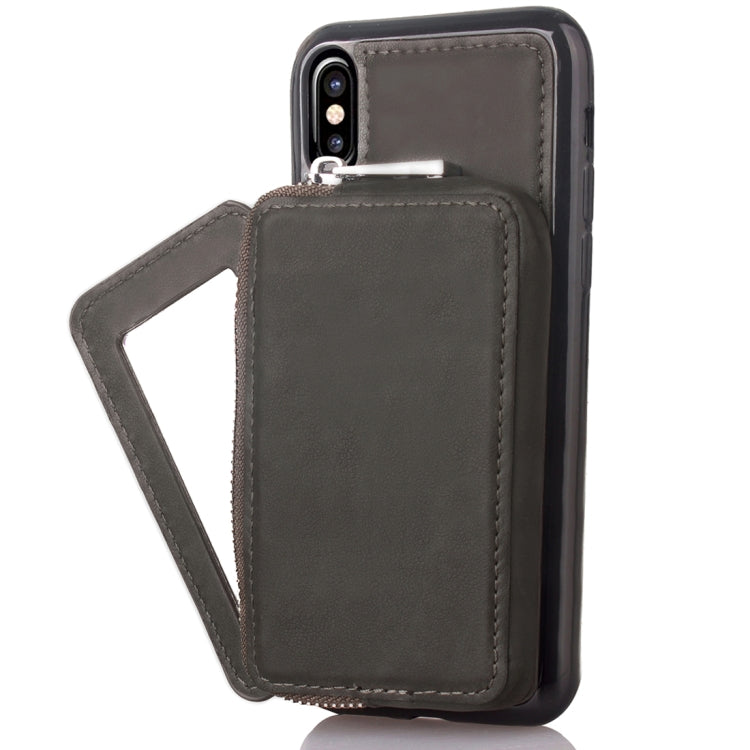For iPhone X / XS  Retro Business Style PU + TPU Protective Back Cover Case with Mirror & Card Slots & Zipper Wallet