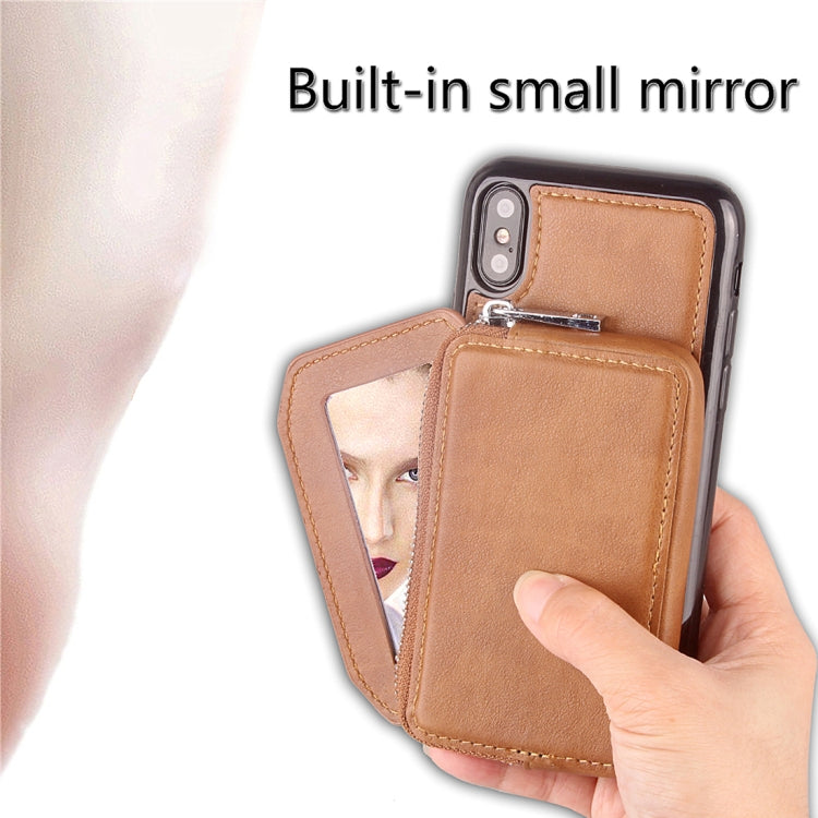 For iPhone X / XS  Retro Business Style PU + TPU Protective Back Cover Case with Mirror & Card Slots & Zipper Wallet