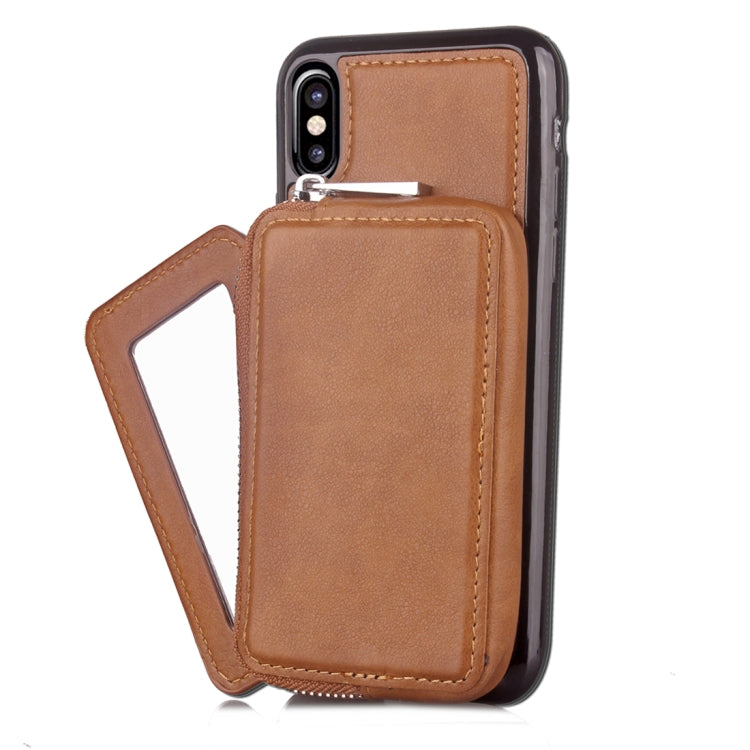 For iPhone X / XS  Retro Business Style PU + TPU Protective Back Cover Case with Mirror & Card Slots & Zipper Wallet