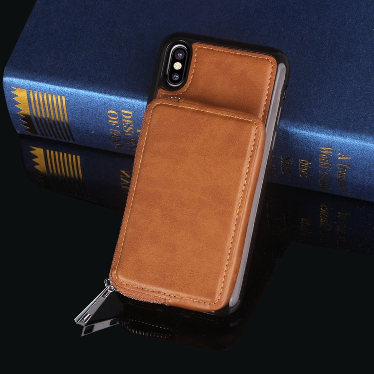 For iPhone X / XS  Retro Business Style PU + TPU Protective Back Cover Case with Mirror & Card Slots & Zipper Wallet