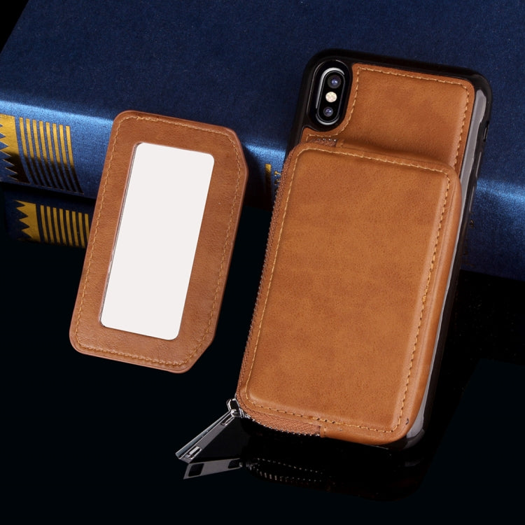 For iPhone X / XS  Retro Business Style PU + TPU Protective Back Cover Case with Mirror & Card Slots & Zipper Wallet