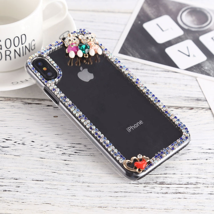 For iPhone X / XS Crystal Inlaid Bear Heart Shape Hard PC Protective Back Case