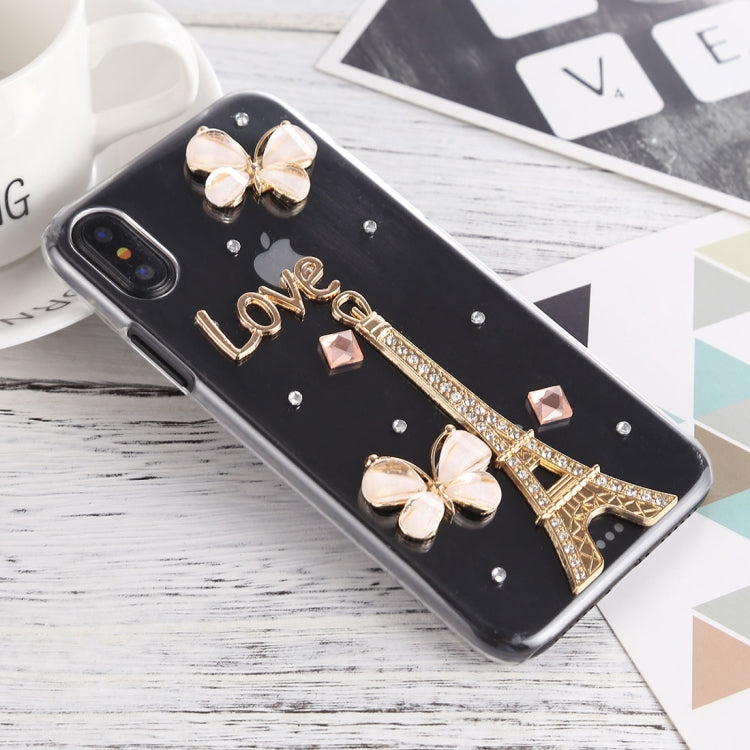 For iPhone X / XS Crystal Inlaid Tower Butterfly Decor Hard PC Protective Back Case