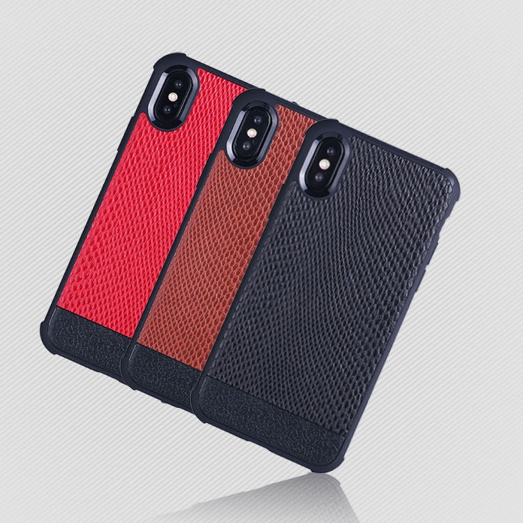 For iPhone X / XS Snake Texture Leather Paste Magnetic Protective Back Case(Brown)