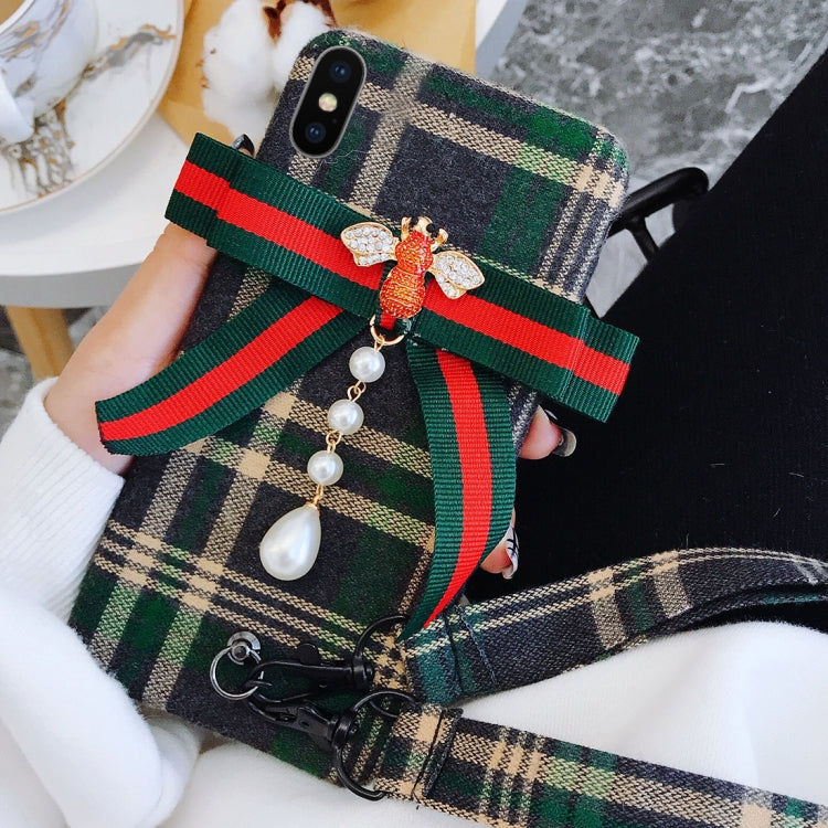 For iPhone X / XS Plaid Bowknot Style Protective Back Cover with Lanyard & Sling