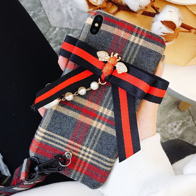 For iPhone X / XS Plaid Bowknot Style Protective Back Cover with Lanyard & Sling