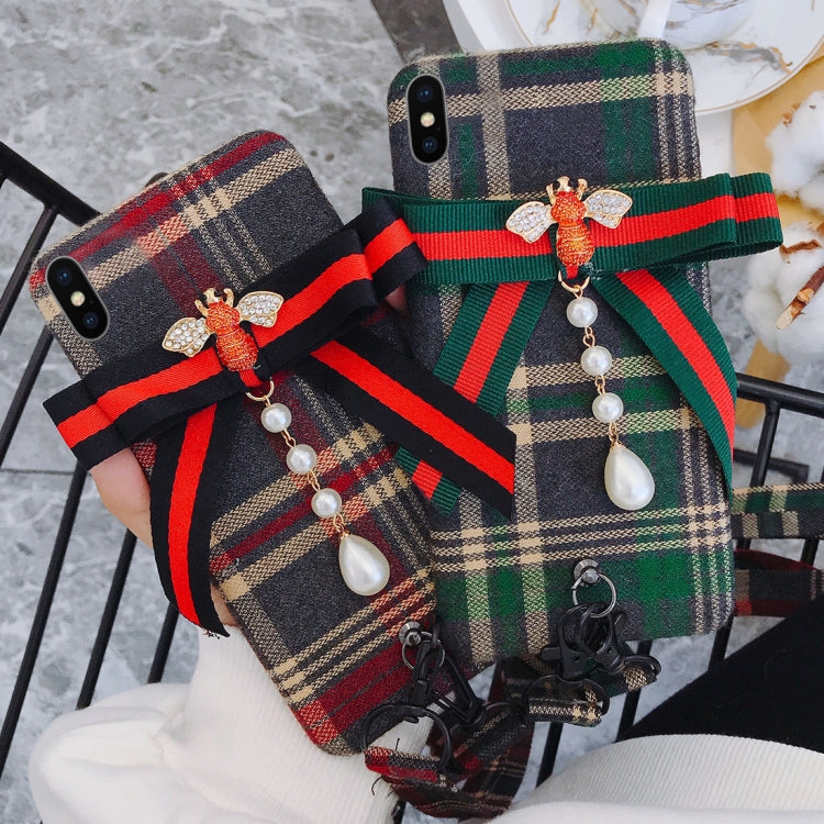 For iPhone X / XS Plaid Bowknot Style Protective Back Cover with Lanyard & Sling