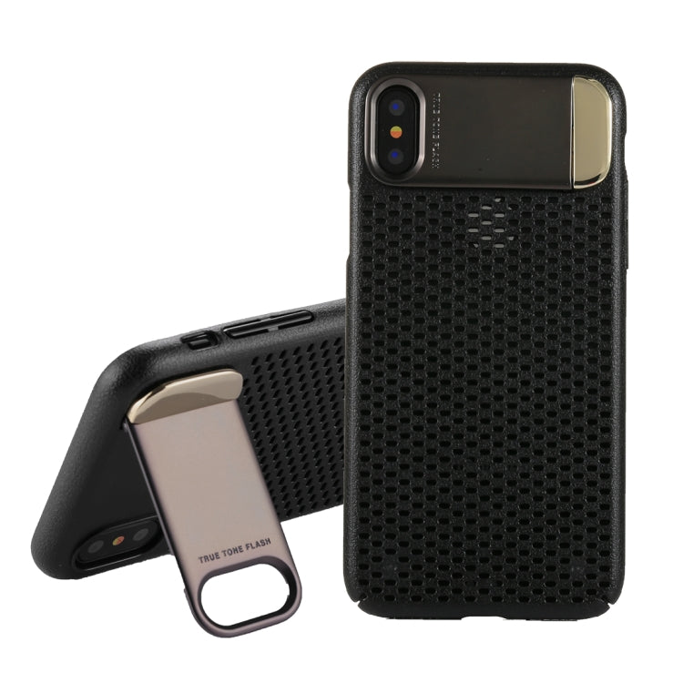 For iPhone X / XS PC Oil Painting + Metal Electroplating Breathable Mesh Protective Back Cover Case with Holder