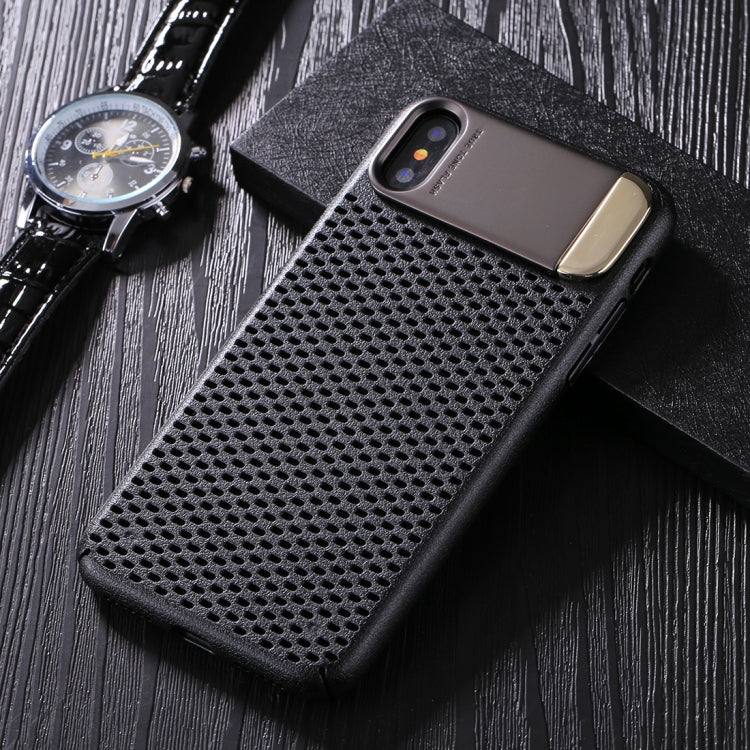 For iPhone X / XS PC Oil Painting + Metal Electroplating Breathable Mesh Protective Back Cover Case with Holder