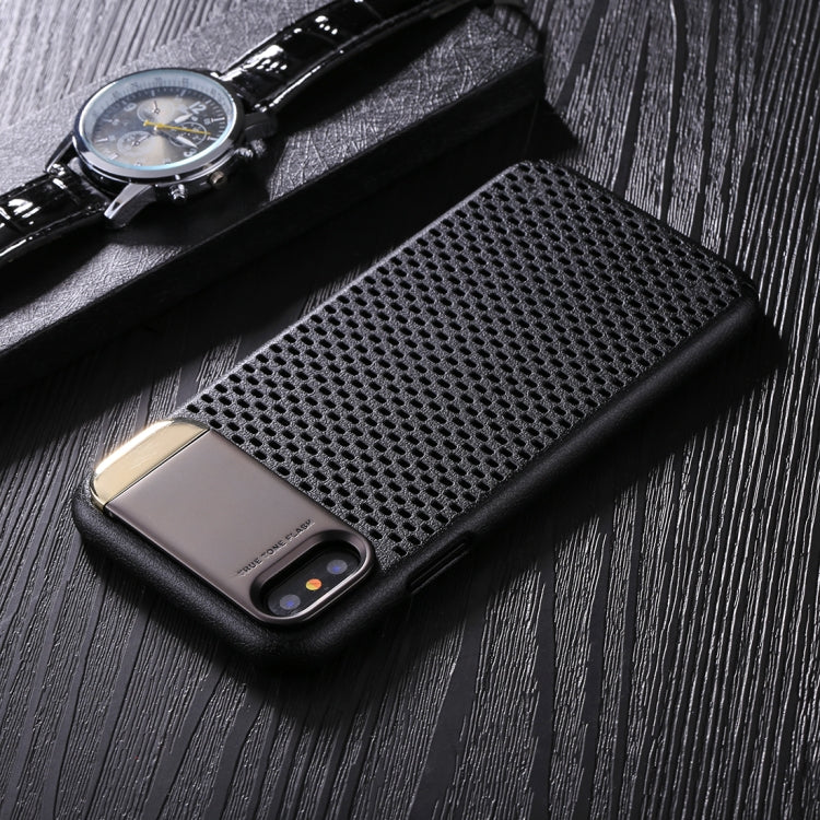 For iPhone X / XS PC Oil Painting + Metal Electroplating Breathable Mesh Protective Back Cover Case with Holder
