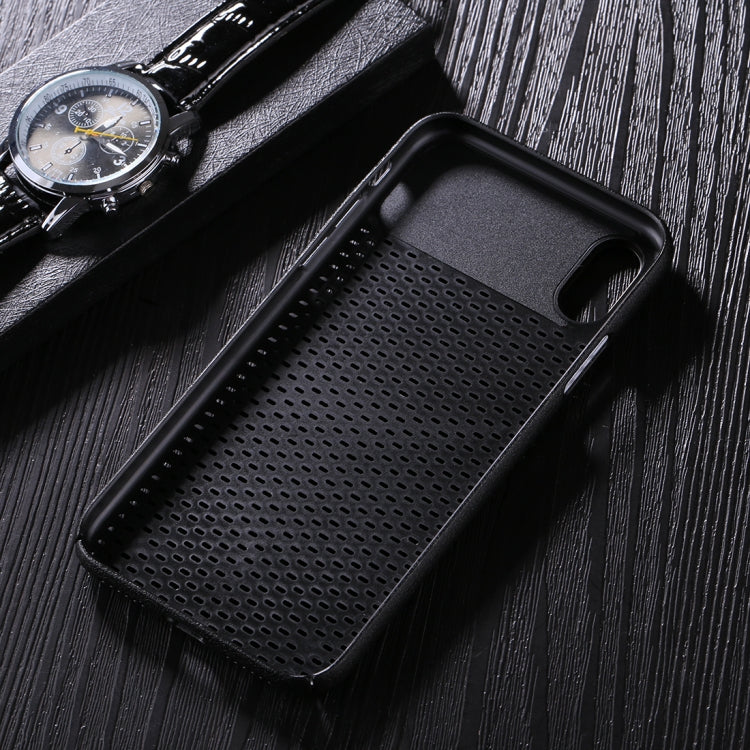For iPhone X / XS PC Oil Painting + Metal Electroplating Breathable Mesh Protective Back Cover Case with Holder