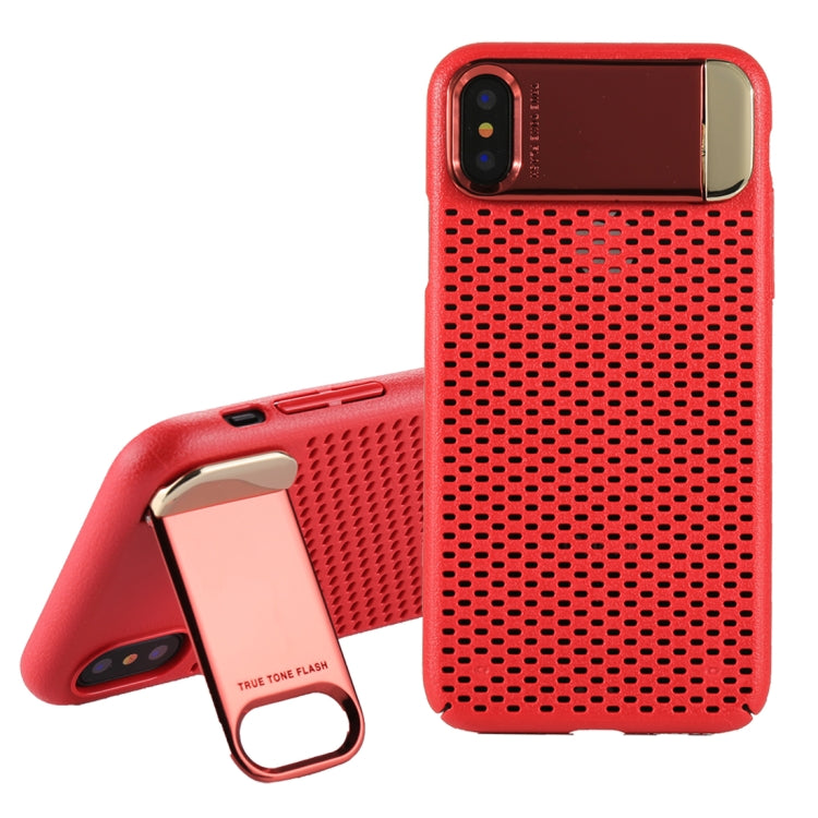 For iPhone X / XS PC Oil Painting + Metal Electroplating Breathable Mesh Protective Back Cover Case with Holder