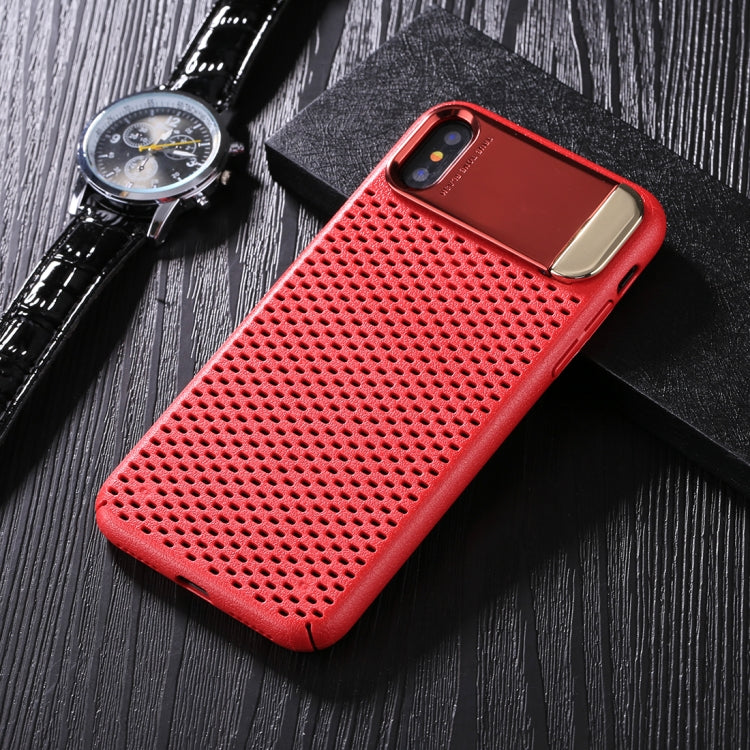 For iPhone X / XS PC Oil Painting + Metal Electroplating Breathable Mesh Protective Back Cover Case with Holder