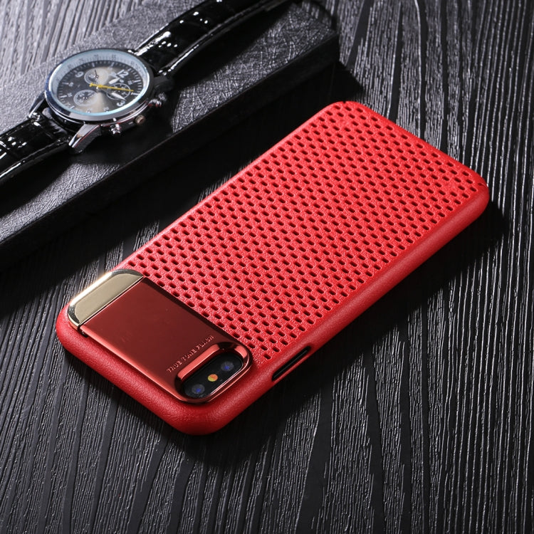 For iPhone X / XS PC Oil Painting + Metal Electroplating Breathable Mesh Protective Back Cover Case with Holder
