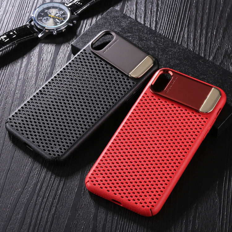 For iPhone X / XS PC Oil Painting + Metal Electroplating Breathable Mesh Protective Back Cover Case with Holder