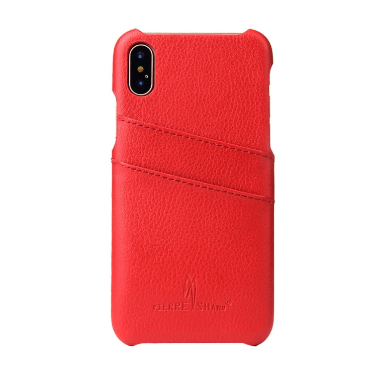 For iPhone X / XS Fierre Shann Litchi Texture Genuine Leather Back Cover Case With Card Slots(Red)