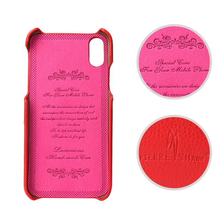 For iPhone X / XS Fierre Shann Litchi Texture Genuine Leather Back Cover Case With Card Slots(Red)
