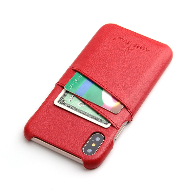 For iPhone X / XS Fierre Shann Litchi Texture Genuine Leather Back Cover Case With Card Slots(Red)