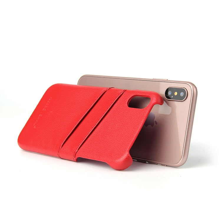 For iPhone X / XS Fierre Shann Litchi Texture Genuine Leather Back Cover Case With Card Slots(Red)