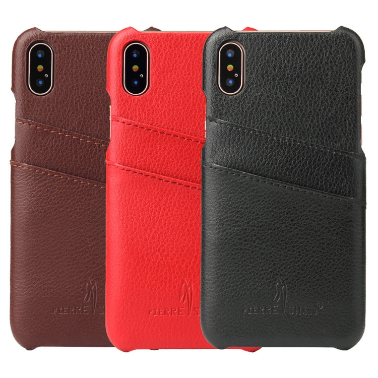 For iPhone X / XS Fierre Shann Litchi Texture Genuine Leather Back Cover Case With Card Slots(Red)