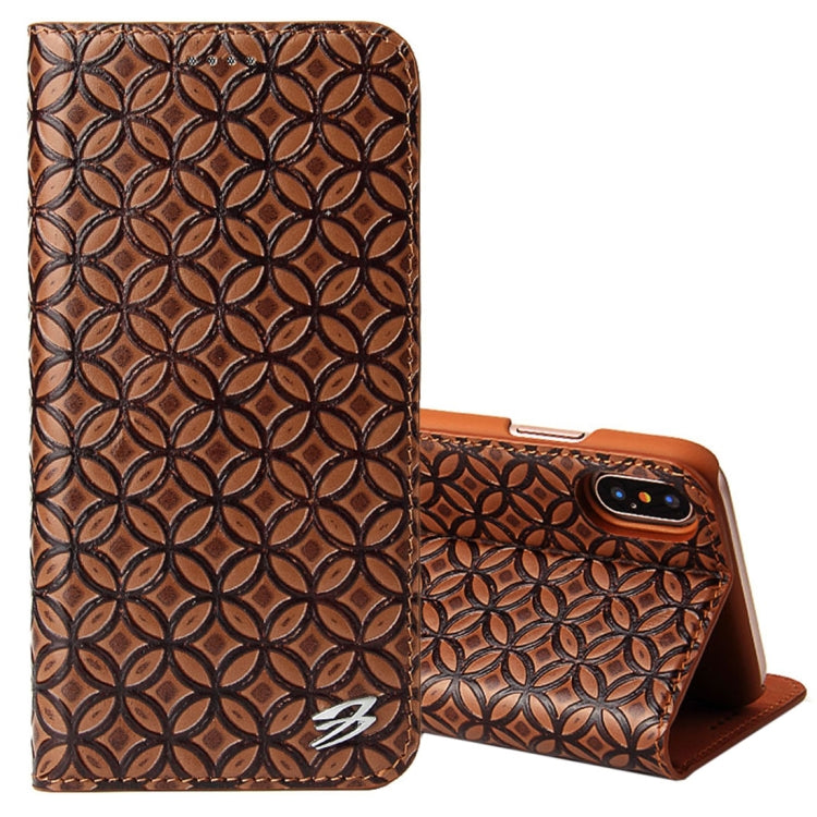 For iPhone X / XS Fierre Shann Copper Texture Magnetic Horizontal Flip Genuine Leather Case with Holder & Card Slot