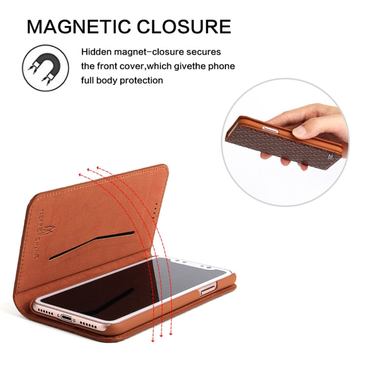 For iPhone X / XS Fierre Shann Copper Texture Magnetic Horizontal Flip Genuine Leather Case with Holder & Card Slot