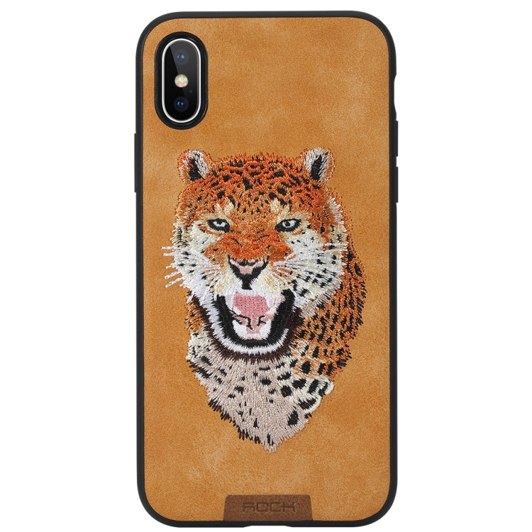 For iPhone X / XS ROCK Embroidery Leopard Print TPU + PU Protective Case Cover