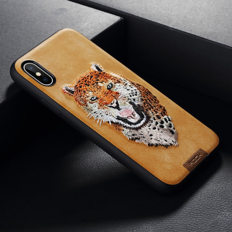 For iPhone X / XS ROCK Embroidery Leopard Print TPU + PU Protective Case Cover
