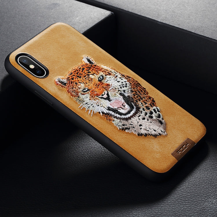 For iPhone X / XS ROCK Embroidery Leopard Print TPU + PU Protective Case Cover