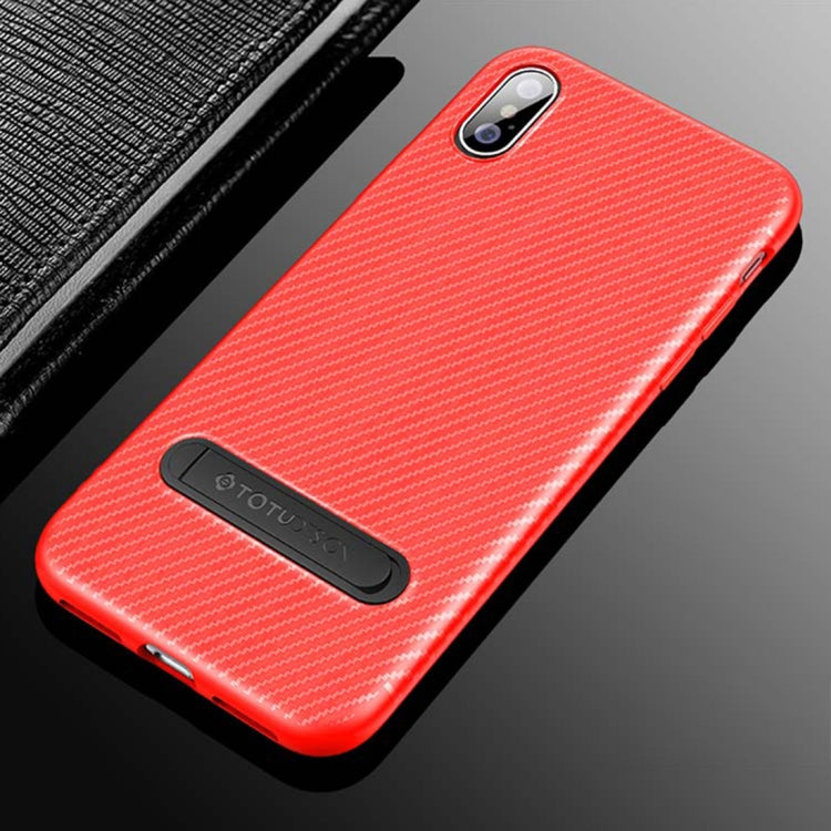For iPhone XS Max TOTUDESIGN Slim Series Carbon Fiber Texture TPU Protective Case with Holder(Red)