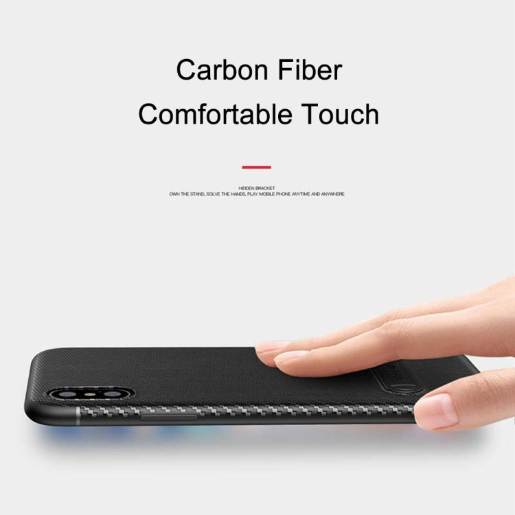 For iPhone XS Max TOTUDESIGN Slim Series Carbon Fiber Texture TPU Protective Case with Holder(Red)