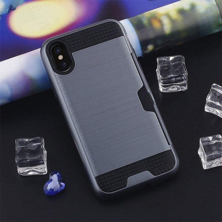 For iPhone XS Max Brushed Texture Shockproof TPU + PC Case with Card Slots